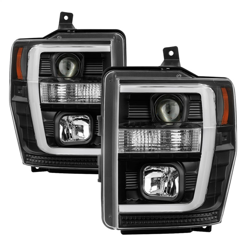 Spyder 08-10 Ford F-250 Projector Headlights V2 - Light Bar DRL LED - Black PRO-YD-FS08V2-LB-BK