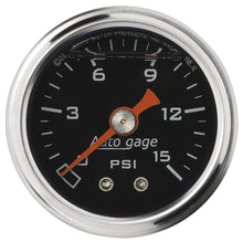 Cargar imagen en el visor de la galería, Autometer AutoGage 1.5in Liquid Filled Mechanical 0-15 PSI Fuel Pressure Gauge - Black