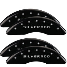 Load image into Gallery viewer, MGP 4 Caliper Covers Engraved Front &amp; Rear Silverado Black finish silver ch