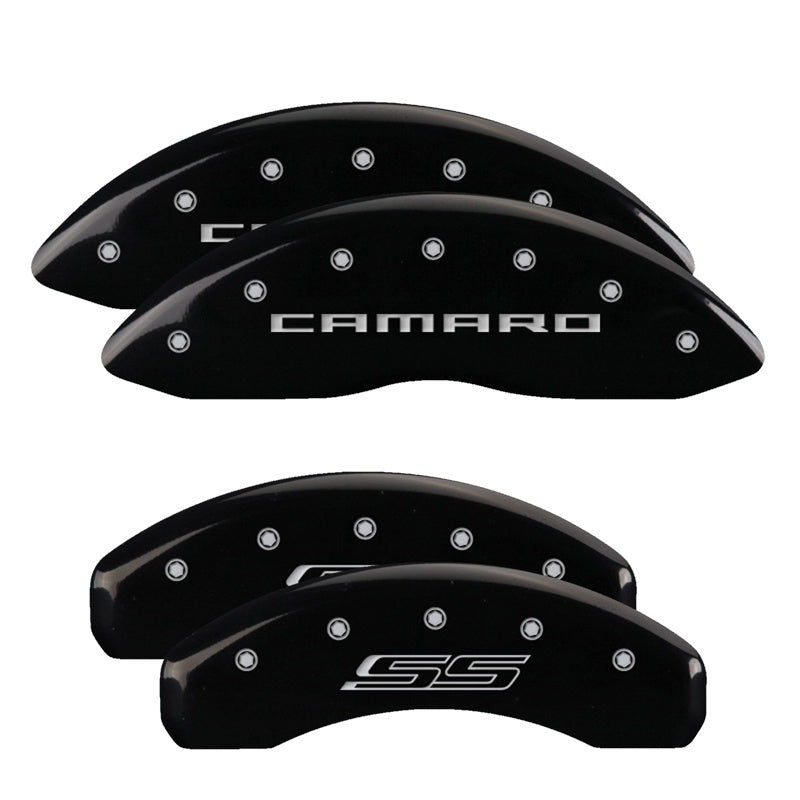 MGP 4 Caliper Covers Engraved Front Gen 5/Camaro Engraved Rear Gen 5/SS Black finish silver ch