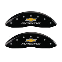 Cargar imagen en el visor de la galería, MGP 4 Caliper Covers Engraved Front &amp; Rear Chevy racing Black finish silver ch