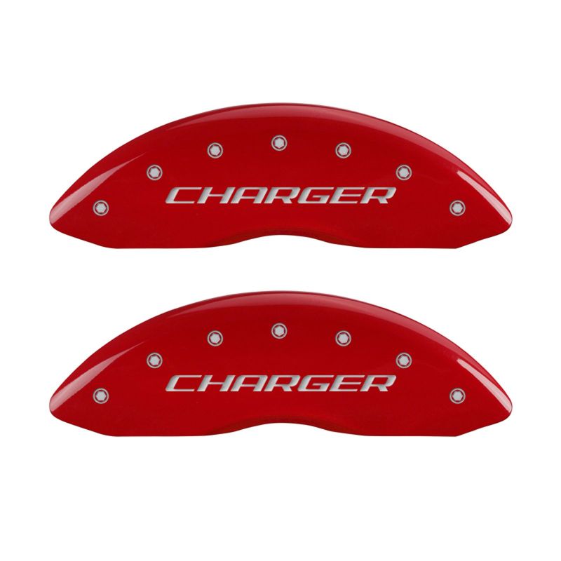 MGP 4 Caliper Covers Engraved Front & Rear Block/Charger Red finish silver ch