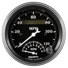 Cargar imagen en el visor de la galería, Auto Meter Gauge Tach/Speedo 3 3/8in 120mph &amp; 8k RPM Elec. Program. Old Tyme Blk