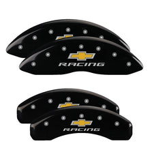 Cargar imagen en el visor de la galería, MGP 4 Caliper Covers Engraved Front &amp; Rear Chevy racing Black finish silver ch