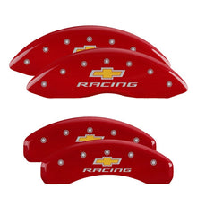 Cargar imagen en el visor de la galería, MGP 4 Caliper Covers Engraved Front &amp; Rear Chevy Racing Red Finish Silver Char 2016 Chevrolet SS