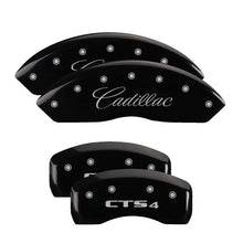 Laden Sie das Bild in den Galerie-Viewer, MGP 4 Caliper Covers Engraved Front Cursive/Cadillac Engraved Rear CTS4 Black finish silver ch