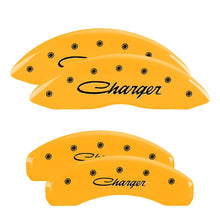 Load image into Gallery viewer, MGP 4 Caliper Covers Engraved Front &amp; Rear Cursive/Charger Yellow finish black ch