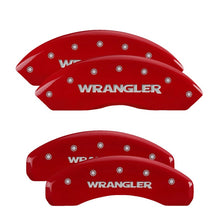 Load image into Gallery viewer, MGP 4 Caliper Covers Engraved Front &amp; Rear Wrangler Red Finish Silver Char 2019 Jeep Wrangler