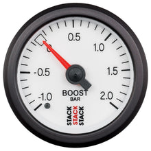 Laden Sie das Bild in den Galerie-Viewer, Autometer Stack 52mm -1 to +2 Bar T-Fitting 0.187in Barb (M) Mechanical Boost Pressure Gauge - White