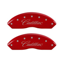 Laden Sie das Bild in den Galerie-Viewer, MGP 4 Caliper Covers Engraved Front Cursive/Cadillac Engraved Rear CTS Red finish silver ch