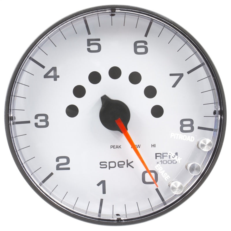 Autometer Spek-Pro Gauge Tachometer 5in 8K Rpm W/Shift Light & Peak Mem White/Black