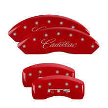 Laden Sie das Bild in den Galerie-Viewer, MGP 4 Caliper Covers Engraved Front Cursive/Cadillac Engraved Rear CTS Red finish silver ch