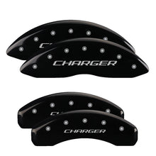 Load image into Gallery viewer, MGP 4 Caliper Covers Engraved Front &amp; Rear With stripes/Challenger Black finish silver ch