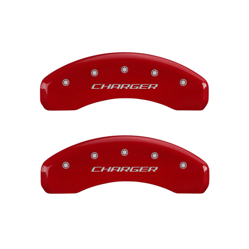 MGP 4 Caliper Covers Engraved Front & Rear Block/Charger Red finish silver ch