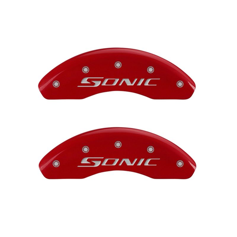 MGP 4 Caliper Covers Engraved Front & Rear Sonic Red finish silver ch