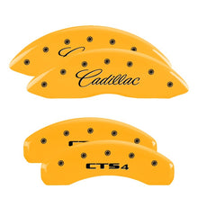 Cargar imagen en el visor de la galería, MGP 4 Caliper Covers Engraved Front Cursive/Cadillac Engraved Rear CTS4 Yellow finish black ch