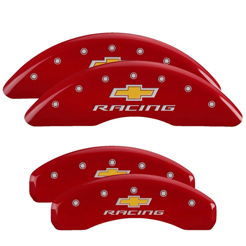 MGP 4 Caliper Covers Engraved Front & Rear Chevy Racing Red Finish Silver Char 2016 Chevrolet Camaro