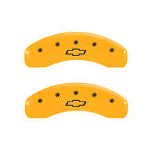 Cargar imagen en el visor de la galería, MGP 4 Caliper Covers Engraved Front &amp; Rear Bowtie Yellow finish black ch