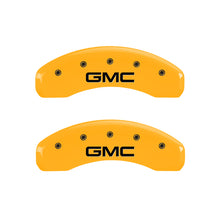 Load image into Gallery viewer, MGP 4 Caliper Covers Engraved Front &amp; Rear GMC Yellow Finish Black Char 2005 GMC Envoy XL