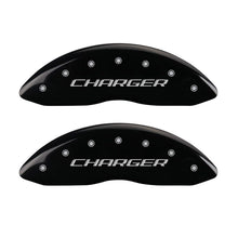 Cargar imagen en el visor de la galería, MGP 4 Caliper Covers Engraved Front Charger Engraved Rear RT Black finish silver ch