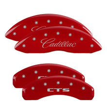 Cargar imagen en el visor de la galería, MGP 4 Caliper Covers Engraved Front Cursive/Cadillac Engraved Rear CTS Red finish silver ch