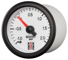 Laden Sie das Bild in den Galerie-Viewer, Autometer Stack 52mm -1 to +2 Bar T-Fitting 0.187in Barb (M) Mechanical Boost Pressure Gauge - White