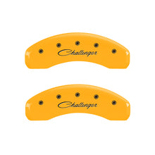 Load image into Gallery viewer, MGP 4 Caliper Covers Engraved Front &amp; Rear Cursive/Challenger Yellow finish black ch