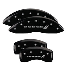 Load image into Gallery viewer, MGP 4 Caliper Covers Engraved Front &amp; Rear With stripes/Dodge Black finish silver ch