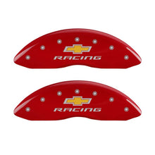 Laden Sie das Bild in den Galerie-Viewer, MGP 4 Caliper Covers Engraved Front &amp; Rear Chevy racing Red finish silver ch