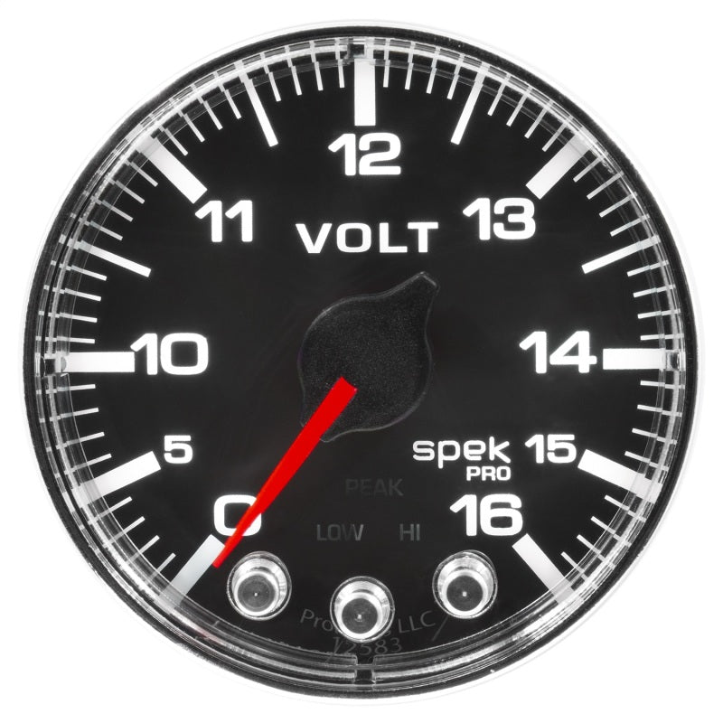 Autometer Spek-Pro Gauge Voltmeter 2 1/16in 16V Stepper Motor W/Peak & Warn Blk/Chrm