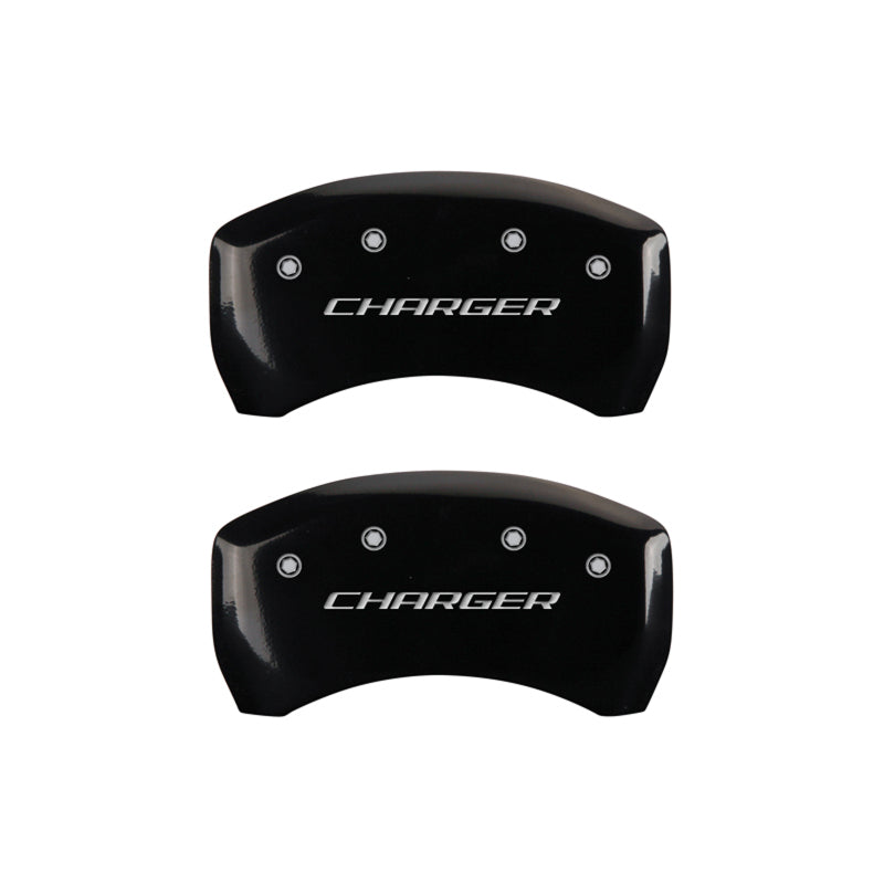 MGP 4 Caliper Covers Engraved Front & Rear Block/Charger Black finish silver ch