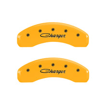 Load image into Gallery viewer, MGP 4 Caliper Covers Engraved Front &amp; Rear Cursive/Charger Yellow finish black ch