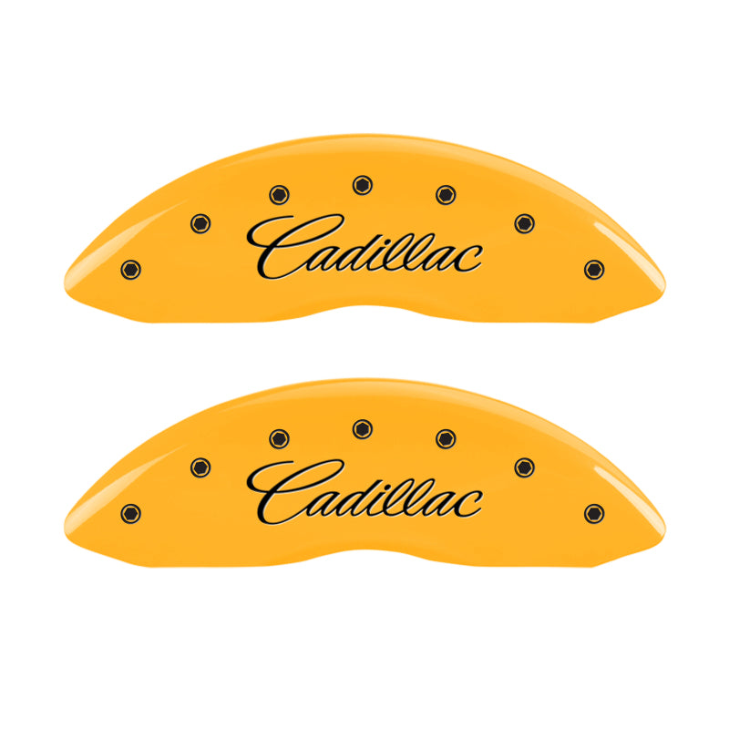 MGP 4 Caliper Covers Engraved Front Cursive/Cadillac Engraved Rear CTS Yellow finish black ch