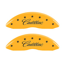 Cargar imagen en el visor de la galería, MGP 4 Caliper Covers Engraved Front Cursive/Cadillac Engraved Rear CTS Yellow finish black ch