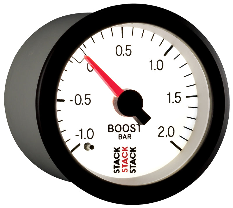 Autometer Stack 52mm -1 to +2 Bar T-Fitting 0.187in Barb (M) Mechanical Boost Pressure Gauge - White