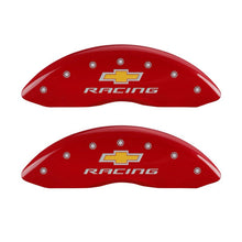 Cargar imagen en el visor de la galería, MGP 4 Caliper Covers Engraved Front &amp; Rear Chevy Racing Red Finish Silver Char 2016 Chevrolet SS