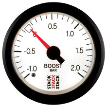 Laden Sie das Bild in den Galerie-Viewer, Autometer Stack 52mm -1 to +2 Bar T-Fitting 0.187in Barb (M) Mechanical Boost Pressure Gauge - White