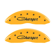 Load image into Gallery viewer, MGP 4 Caliper Covers Engraved Front &amp; Rear Cursive/Charger Yellow finish black ch