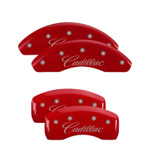 Laden Sie das Bild in den Galerie-Viewer, MGP 4 Caliper Covers Engraved Front &amp; Rear Cursive/Cadillac Red finish silver ch