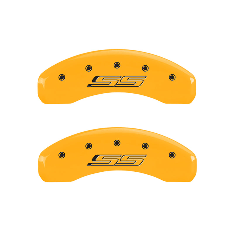 MGP 4 Caliper Covers Engraved Front Gen 5/Camaro Engraved Rear Gen 5/SS Yellow finish black ch