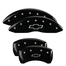 Cargar imagen en el visor de la galería, MGP 4 Caliper Covers Engraved Front &amp; Rear Bowtie Black Finish Silver Char 2019 Chevrolet Malibu