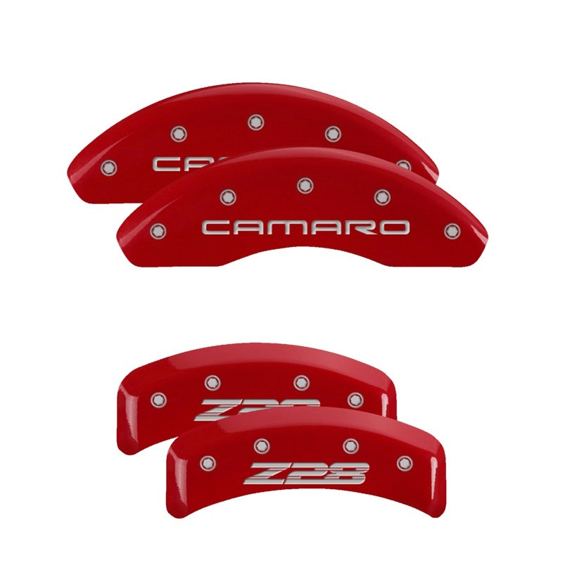 MGP 4 Caliper Covers Engraved Front Gen 4/Camaro Engraved Rear Gen 4/Z28 Red finish silver ch