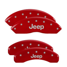 Cargar imagen en el visor de la galería, MGP 4 Caliper Covers Engraved Front &amp; Rear Jeep Red Finish Silver Char 2019 Jeep Wrangler