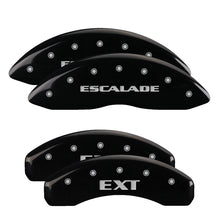 Cargar imagen en el visor de la galería, MGP 4 Caliper Covers Engraved Front Escalade Engraved Rear EXT Black finish silver ch