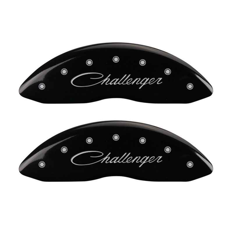 MGP 4 Caliper Covers Engraved Front & Rear Cursive/Challenger Black finish silver ch