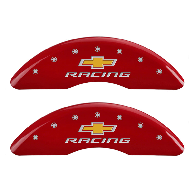 MGP 4 Caliper Covers Engraved Front & Rear Chevy Racing Red Finish Silver Char 2016 Chevrolet Camaro