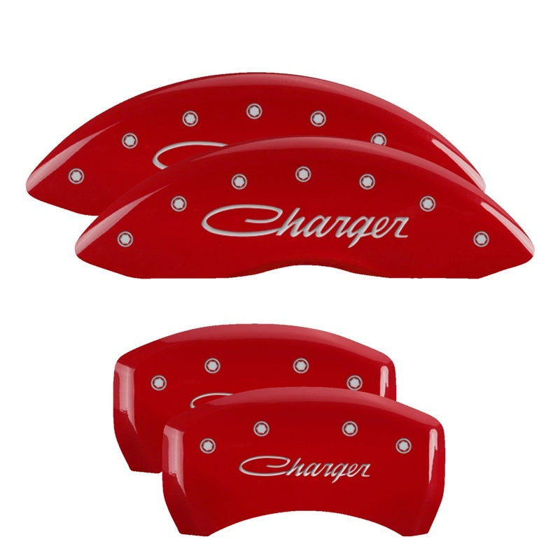 MGP 4 Caliper Covers Engraved Front & Rear Cursive/Challenger Red finish silver ch