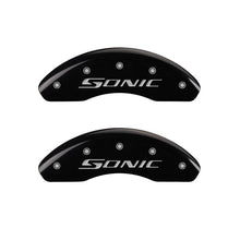 Laden Sie das Bild in den Galerie-Viewer, MGP Front set 2 Caliper Covers Engraved Front Sonic Black finish silver ch