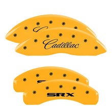 Cargar imagen en el visor de la galería, MGP 4 Caliper Covers Engraved Front Cursive/Cadillac Engraved Rear SRX Yellow finish black ch