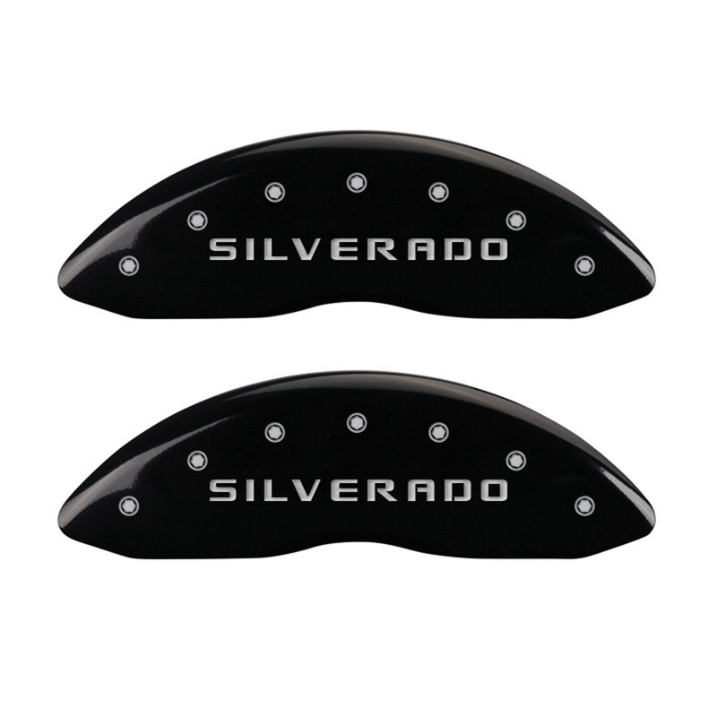 MGP Front set 2 Caliper Covers Engraved Front Silverado Black finish silver ch